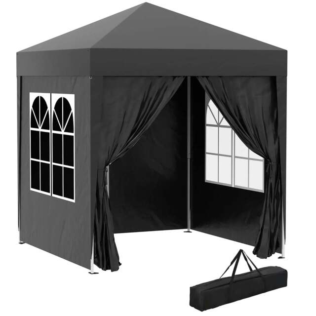 Rackhams 2 x 2 m Garden Pop Up Gazebo, Wedding Party Tent Marquee, Water Resistant Awning Canopy with Sidewalls, Windows, Carry Bag, Black - image 1