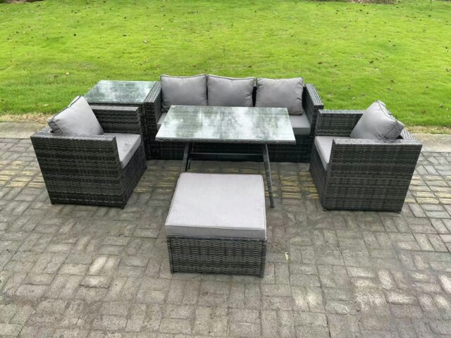 Rackhams 6 Seater Wicker Rattan Outdoor Furniture Garden Dining Set with Sofa Oblong Dining Table 2 Armchairs Stool Dark Grey Mixed - image 1