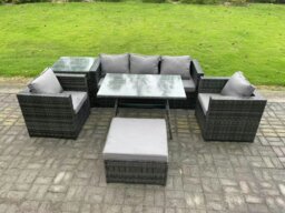 Rackhams 6 Seater Wicker Rattan Outdoor Furniture Garden Dining Set with Sofa Oblong Dining Table 2 Armchairs Stool Dark Grey Mixed - thumbnail 2
