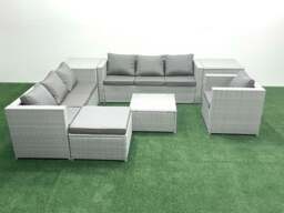 Rackhams Wicker PE Rattan Sofa Garden Furniture Set with Armchair Square Coffee Table Big Footstool 2 Side Tables Light Grey Mixed - thumbnail 2