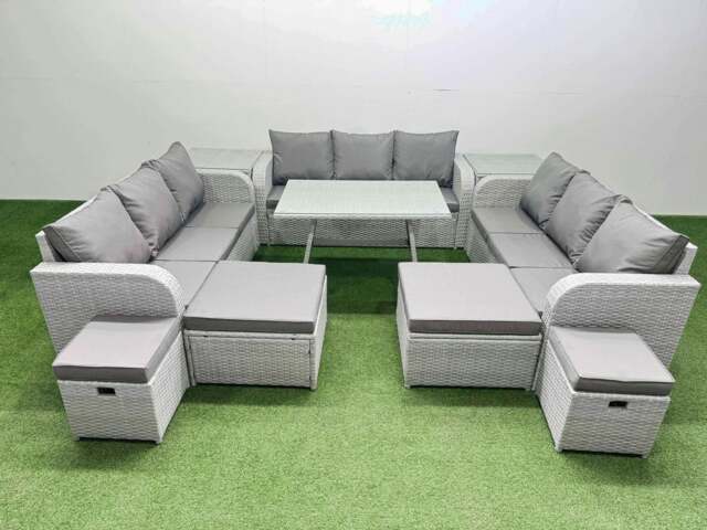 Rackhams Patio Garden Furniture Sets with Dining Table 3 Seater Sofa 2 Side Tables 4 Stool Light Grey - image 1