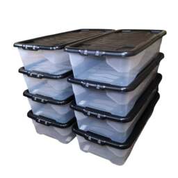 Rackhams 8 x 42L Clear Under Bed Storage Box with Black Lid, Stackable and Nestable Design Storage Solution