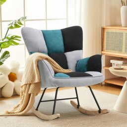Rackhams 3ft Patchwork Upholstered Rocking Chair with Wooden Skates - Green - thumbnail 2