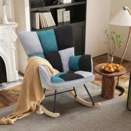 Rackhams 3ft Patchwork Upholstered Rocking Chair with Wooden Skates - Green - thumbnail 3