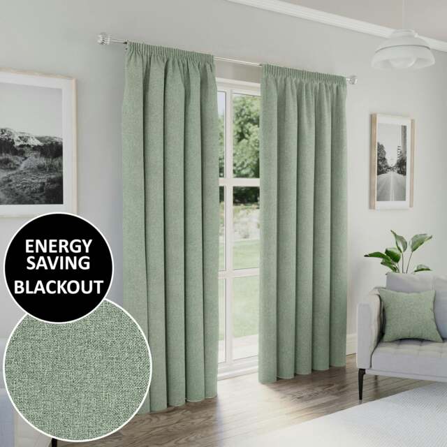 "Rackhams Dallas 100% Blackout Pencil Pleat Thermal Energy Saving Curtains - Ideal for Living Rooms & Bedrooms - Green - 90"" (229cm) Width x 108"" (274cm) Drop" - image 1