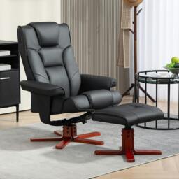Rackhams Reclining Armchair with Footstool Adjustable Backrest - Black - PU Leather, Wood