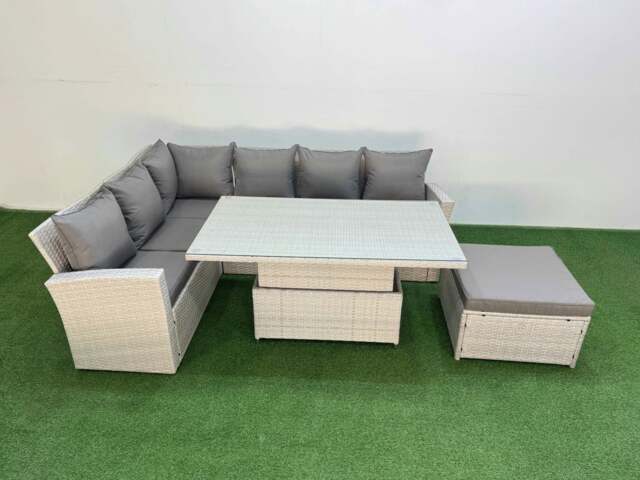 Rackhams 7 Seat Rattan Outdoor Garden Furniture Corner Sofa Set Adjustable Lifting Dining or Coffee Table Set with Armchair Big Footstool Light Grey - image 1