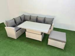 Rackhams 7 Seat Rattan Outdoor Garden Furniture Corner Sofa Set Adjustable Lifting Dining or Coffee Table Set with Armchair Big Footstool Light Grey - thumbnail 2