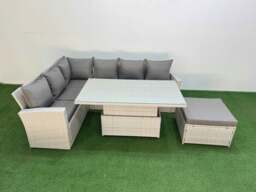 Rackhams 7 Seat Rattan Outdoor Garden Furniture Corner Sofa Set Adjustable Lifting Dining or Coffee Table Set with Armchair Big Footstool Light Grey - thumbnail 1