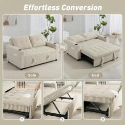 Rackhams Corduroy Click Clack Sleeper Sofa with Pull Out Design, Cream White - thumbnail 4