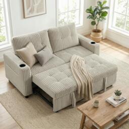Rackhams Corduroy Click Clack Sleeper Sofa with Pull Out Design, Cream White