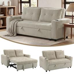 Rackhams Corduroy Click Clack Sleeper Sofa with Pull Out Design, Cream White - thumbnail 2