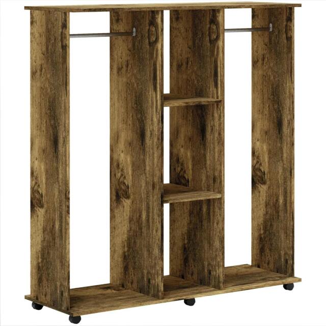 Rackhams Open Wardrobe Double Mobile Storage Shelves Organizer W/6 Wheels-Rustic Brown
