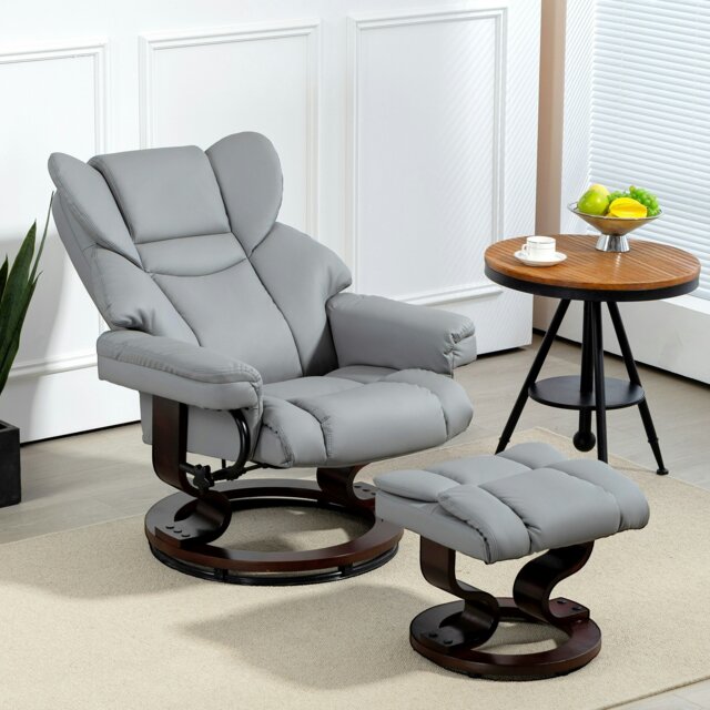 Rackhams PU Leather Manual Reclining Armchair Footstool - Light Grey - PU Leather - image 1