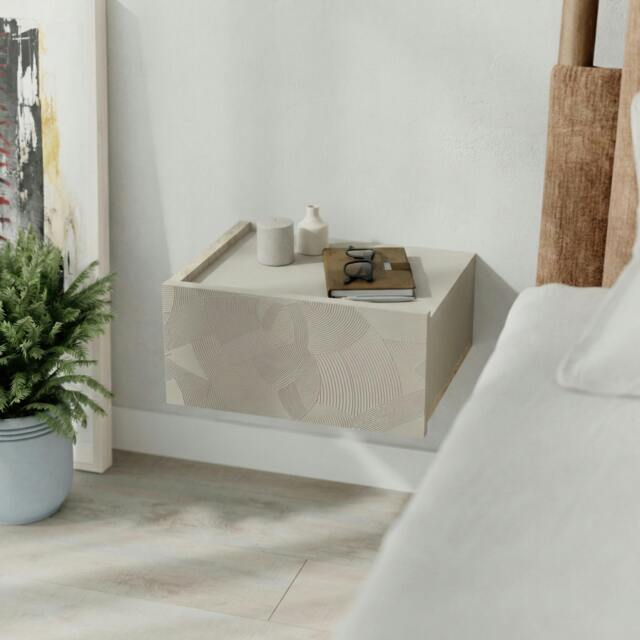 Rackhams Floating Bedside Table w/ Drawer Handleless Modern Nightstand Wall-Mounted Storage Cabinet Space-Saver Bedroom - Sandstone-Travertine - image 1