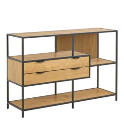 Rackhams Seaford Wide Oak Metal Bookcase 2 Drawers and 3 Shelves in Matt Wild Oak - Brown,Black - Wood - 1