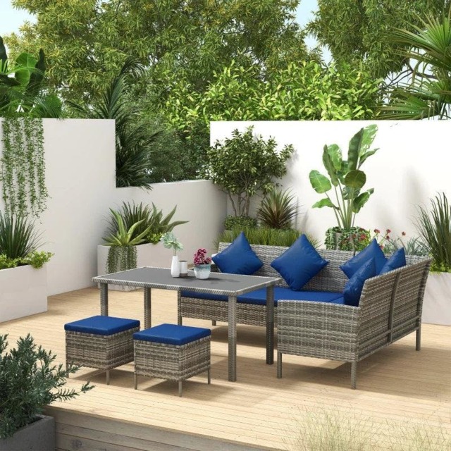 Rackhams 5 Pieces Rattan Garden Furniture Set with Dining Table, Cushions - Dark Blue - image 1