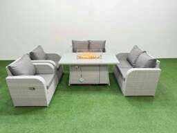 Rackhams 6 Seater Outdoor Reclining Chair Love Sofa Set Rattan Garden Furniture Set with Fire Pit Dining Table Light Grey - thumbnail 1