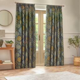 Rackhams Ophelia Jacquard Floral Pencil Pleat Curtains - Blue/Saffron - 229cm x 183cm - Blue/Saffron - 100% Polyester - thumbnail 1