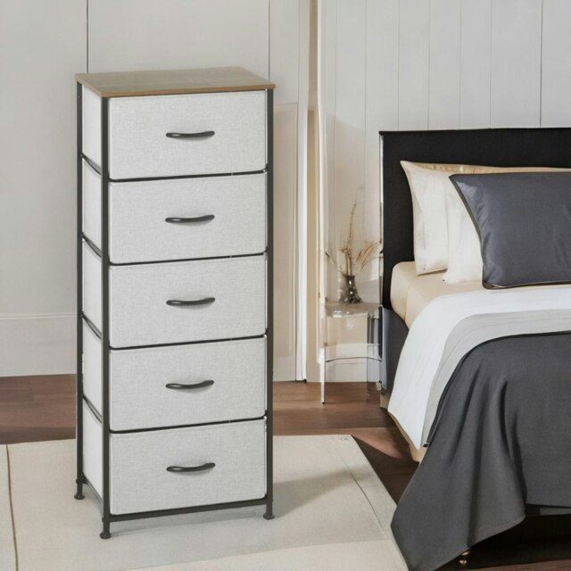 Rackhams 5 Fabric Drawer Bedroom Dresser With Wooden Top Grey - image 1