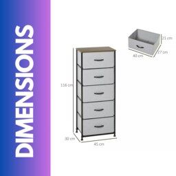 Rackhams 5 Fabric Drawer Bedroom Dresser With Wooden Top Grey - thumbnail 5
