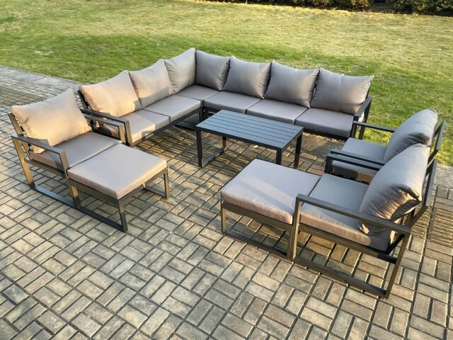 Rackhams Aluminum 11 Seater Outdoor Lounge Corner Sofa Set Garden Furniture Sets with Oblong Coffee Table 3 Chairs 2 Big Footstools Dark Grey