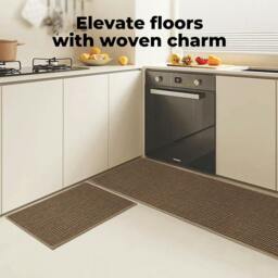 Rackhams Kitchen Mat 2PCS Non Slip Woven Rubber Floor Mat Absorbent Runner Brown - thumbnail 3
