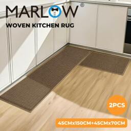 Rackhams Kitchen Mat 2PCS Non Slip Woven Rubber Floor Mat Absorbent Runner Brown - thumbnail 2