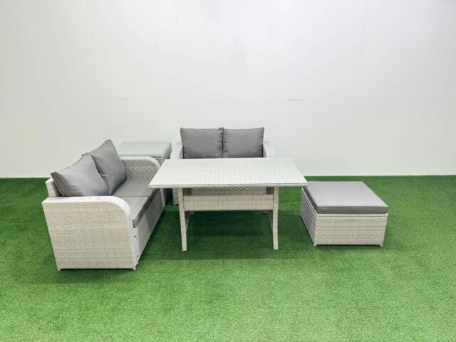 Rackhams 5 Seater Outdoor Love Sofa Set Rattan Garden Furniture Set with Rectangular Dining Table Big Footstool Side Table Light Grey - image 1