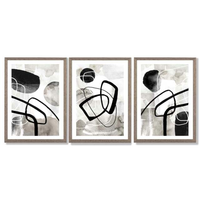 Rackhams Set of 3 Abstract Black Grey Watercolour Framed Wall Art - 30x42cm (A3) - Light Walnut - image 1