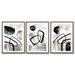 Rackhams Set of 3 Abstract Black Grey Watercolour Framed Wall Art - 30x42cm (A3) - Light Walnut - thumbnail 1