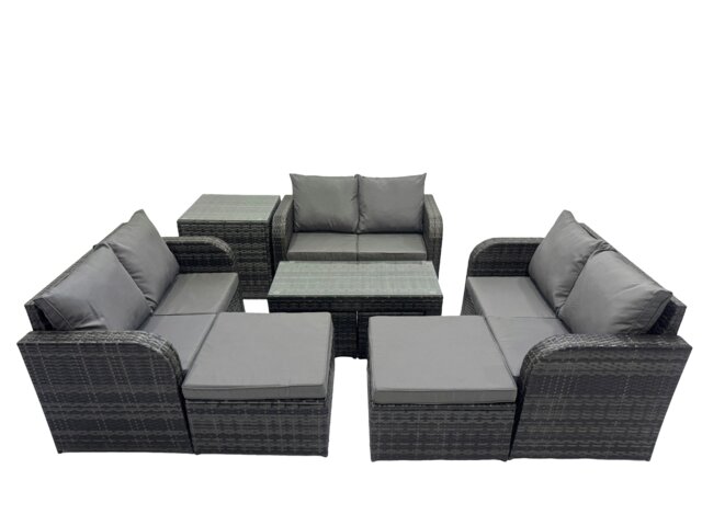 Rackhams 3 Seater Sofa Reclining Chair Coffee Table Set Rattan Garden Outdoor Furniture Set with Side Table 2 Big Footstools Dark Grey Mixed - image 1