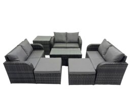 Rackhams 3 Seater Sofa Reclining Chair Coffee Table Set Rattan Garden Outdoor Furniture Set with Side Table 2 Big Footstools Dark Grey Mixed - thumbnail 1