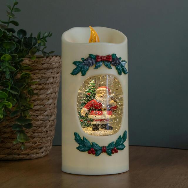 Rackhams 20cm Dual Powered Light up Christmas Pillar Candle Water Spiner with Santa and LEDs - image 1