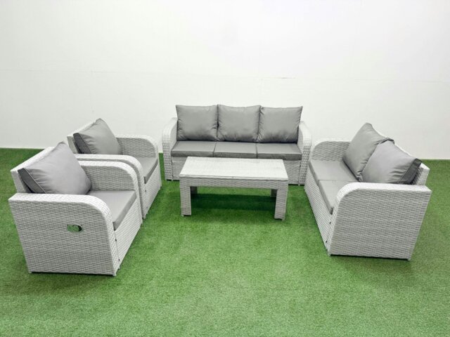 Rackhams PE Rattan Garden Furniture Set Adjustable Chair Sofa Double Love Seat 2 Seater Sofa Lounge Set Rectangular Coffee Table Light Grey - image 1