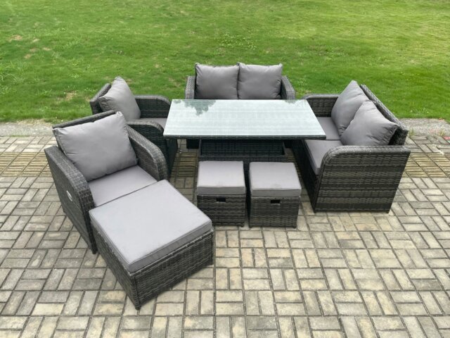 Rackhams PE Rattan Garden Furniture Set Height Adjustable Rising lifting Dining Table With Love Sofa Chair 3 Footstools - image 1