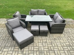 Rackhams PE Rattan Garden Furniture Set Height Adjustable Rising lifting Dining Table With Love Sofa Chair 3 Footstools - thumbnail 2