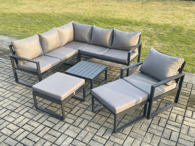 Rackhams Outdoor Garden Furniture Set Aluminium Lounge Sofa Square Coffee Table Sets with Chair 2 Big Footstools Indoor Conservatory Set Dark Grey