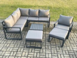 Rackhams Outdoor Garden Furniture Set Aluminium Lounge Sofa Square Coffee Table Sets with Chair 2 Big Footstools Indoor Conservatory Set Dark Grey - thumbnail 2