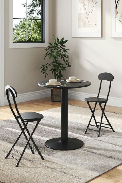 Rackhams 3pcs Round Dining Table and 2 Folding Chairs Set Bistro Coffee Table Set Furniture - Black - image 1