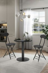 Rackhams 3pcs Round Dining Table and 2 Folding Chairs Set Bistro Coffee Table Set Furniture - Black - thumbnail 4