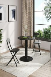 Rackhams 3pcs Round Dining Table and 2 Folding Chairs Set Bistro Coffee Table Set Furniture - Black - thumbnail 2