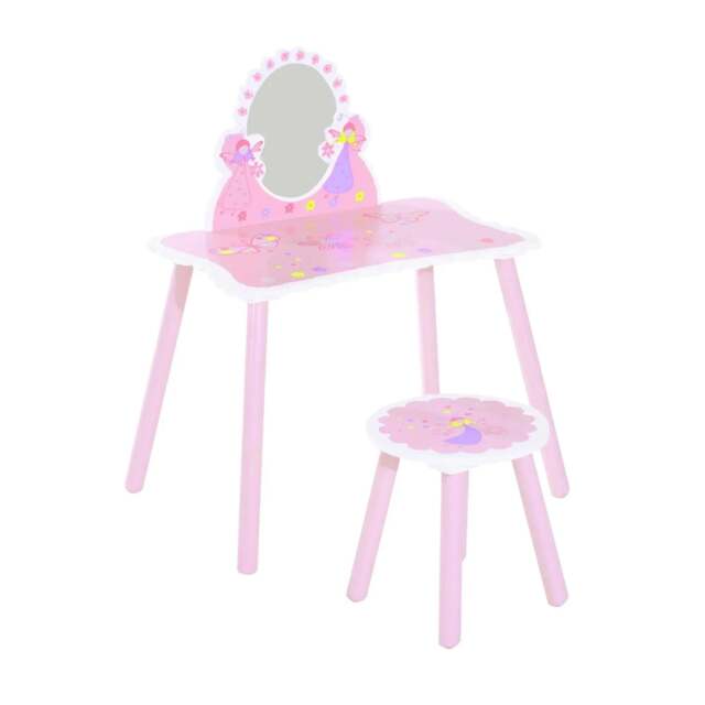 Rackhams Kids Dressing Table Girls Pink Wooden Kids Dressing Table & Stool Make Up Desk Chair Toys Fairy Dresser Play Set w/Mirror - image 1