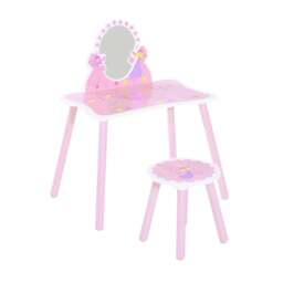 Rackhams Kids Dressing Table Girls Pink Wooden Kids Dressing Table & Stool Make Up Desk Chair Toys Fairy Dresser Play Set w/Mirror - thumbnail 1