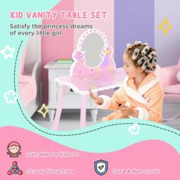 Rackhams Kids Dressing Table Girls Pink Wooden Kids Dressing Table & Stool Make Up Desk Chair Toys Fairy Dresser Play Set w/Mirror - thumbnail 4