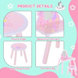 Rackhams Kids Dressing Table Girls Pink Wooden Kids Dressing Table & Stool Make Up Desk Chair Toys Fairy Dresser Play Set w/Mirror - thumbnail 5