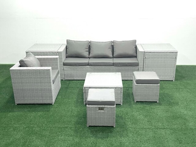 Rackhams Garden Outdoor Furniture Set 6 Seater Rattan Sofa Set with Big Footstool Armchair 2 Side Tables Light Grey Mixed - image 1