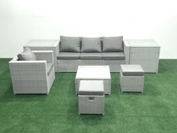 Rackhams Garden Outdoor Furniture Set 6 Seater Rattan Sofa Set with Big Footstool Armchair 2 Side Tables Light Grey Mixed - thumbnail 1