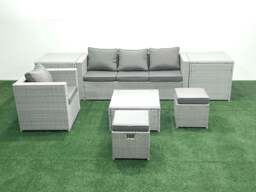 Rackhams Garden Outdoor Furniture Set 6 Seater Rattan Sofa Set with Big Footstool Armchair 2 Side Tables Light Grey Mixed - thumbnail 2
