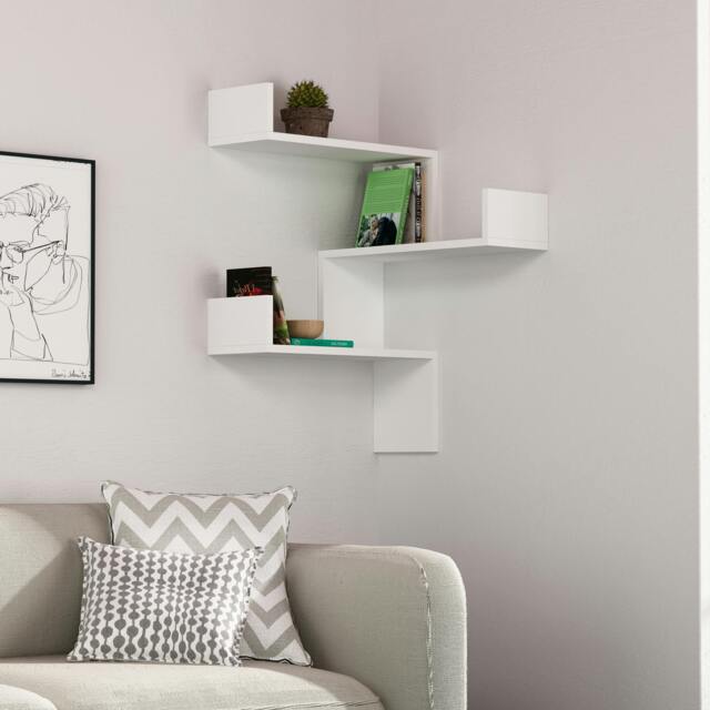 Rackhams Luksa Modern Wall Shelf Bookcase Wall Mounted Corner Zigzag Design 60cm - White - image 1